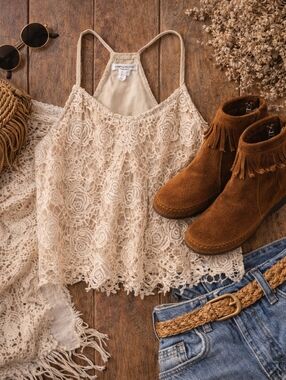 Streetwear Society Lace Boho Crop Top Beige M